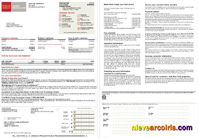 USA Texas Wells Fargo bank mortgage statement, 2 pages